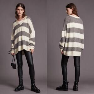 AllSaints Lou Sparkle Jumper Metallic Stripe V Neck Oversized Womens Size S